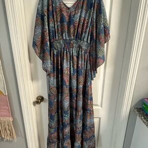 Chic Paisley Maxi Boho Festive Dress in Blue and Red